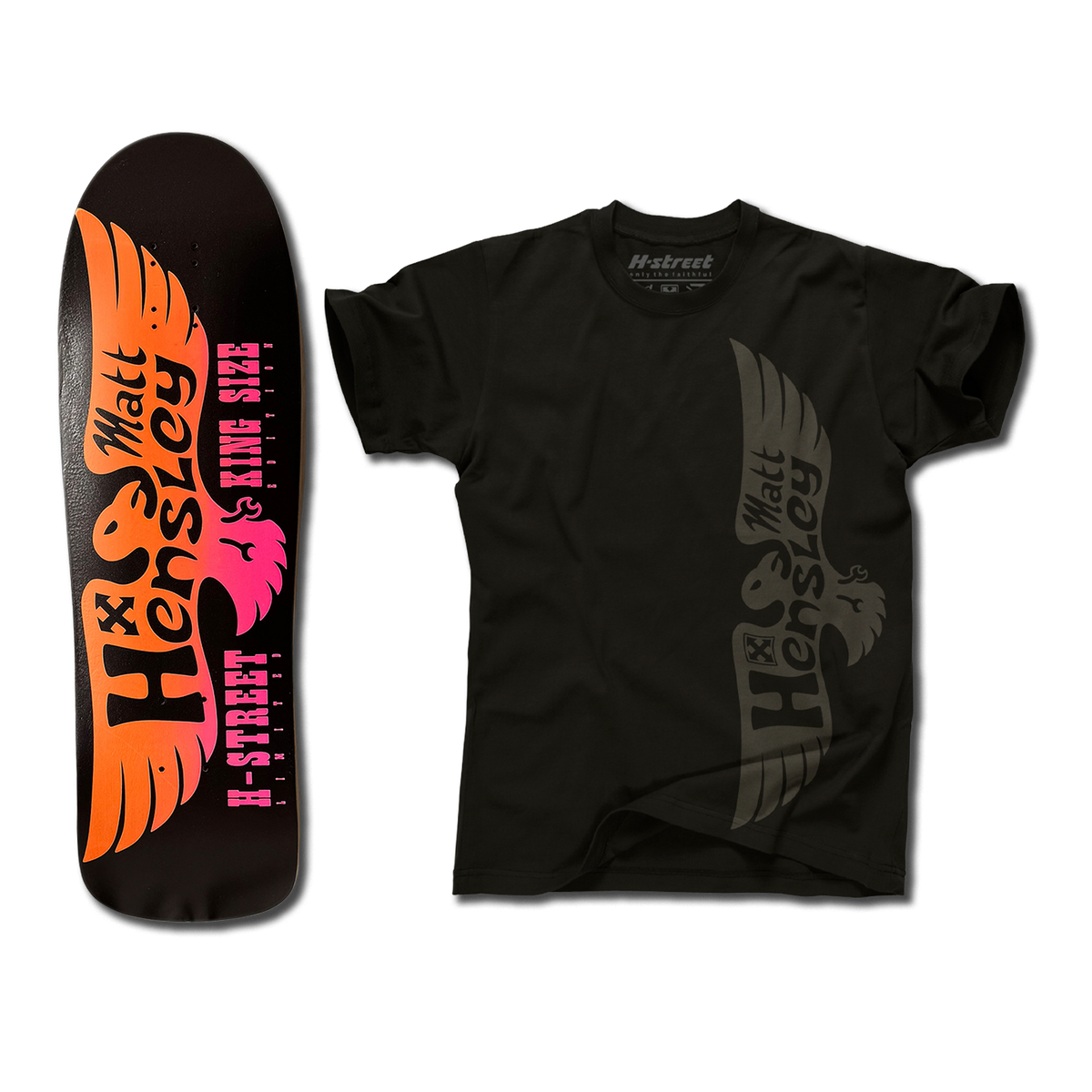 The bottom of a Hensley Eagle King Size Skateboard deck. The bottom is black with a fluorescent orange and pink eagle. Next to it is a black Eagle shirt with the grey eagle logo on the front.