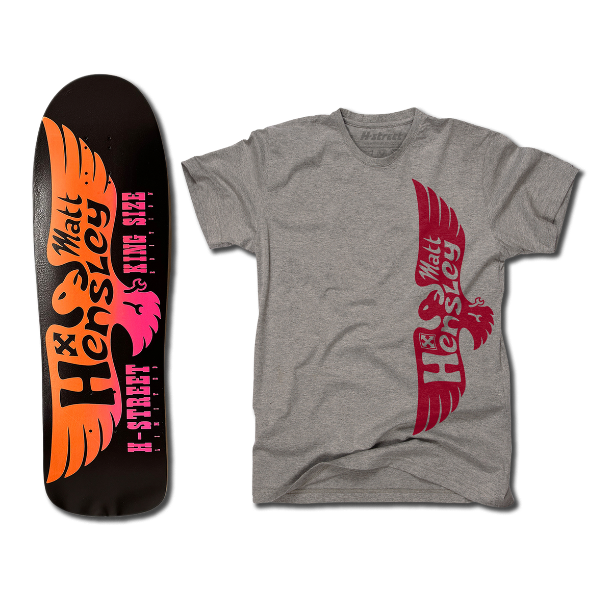 The bottom of a Hensley Eagle King Size Skateboard deck. The bottom is black with a fluorescent orange and pink eagle. Next to it is a grey shirt with the red eagle logo on the front.