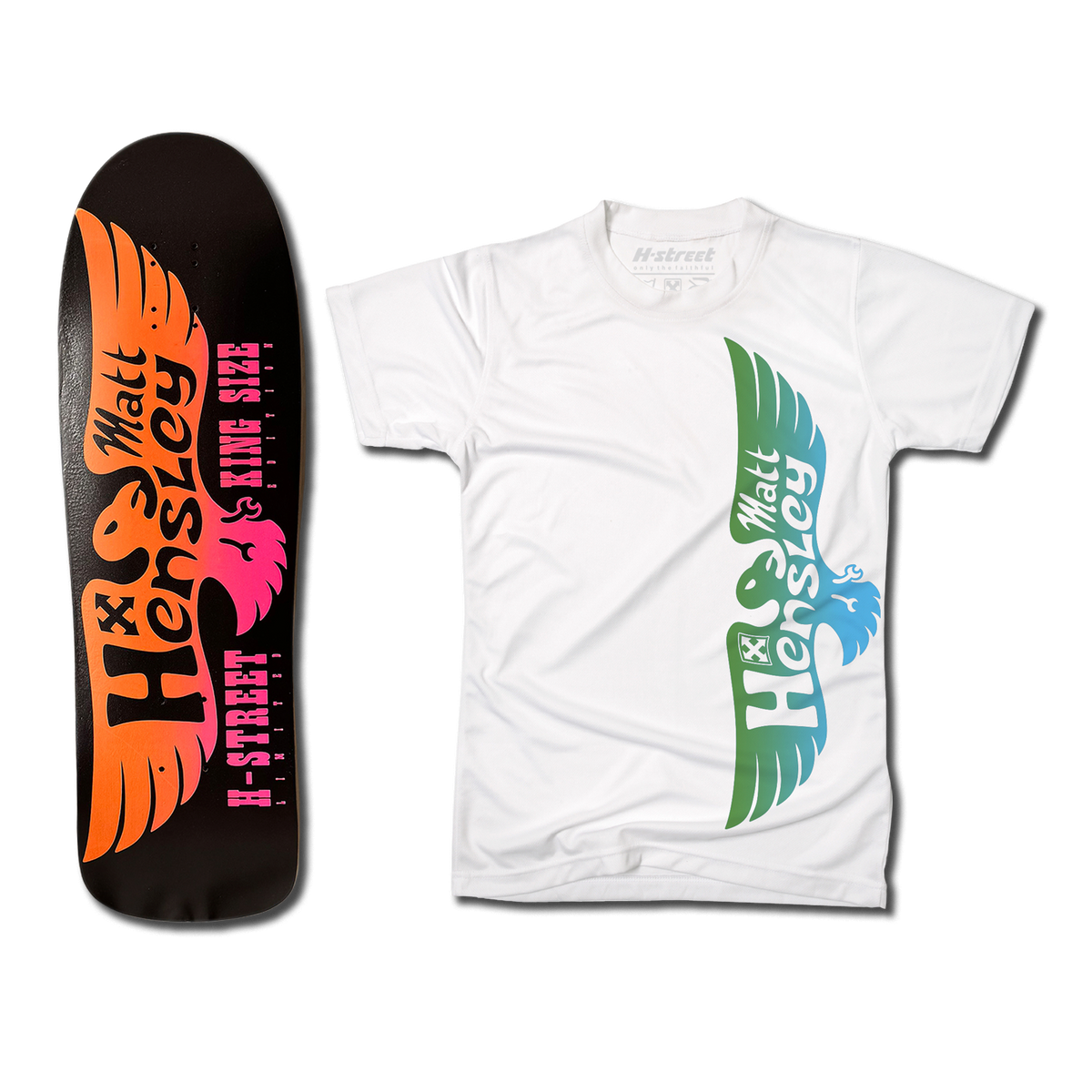 The bottom of a Hensley Eagle King Size Skateboard deck. The bottom is black with a fluorescent orange and pink eagle. Next to it is a white shirt with the green and blue eagle logo on the front.