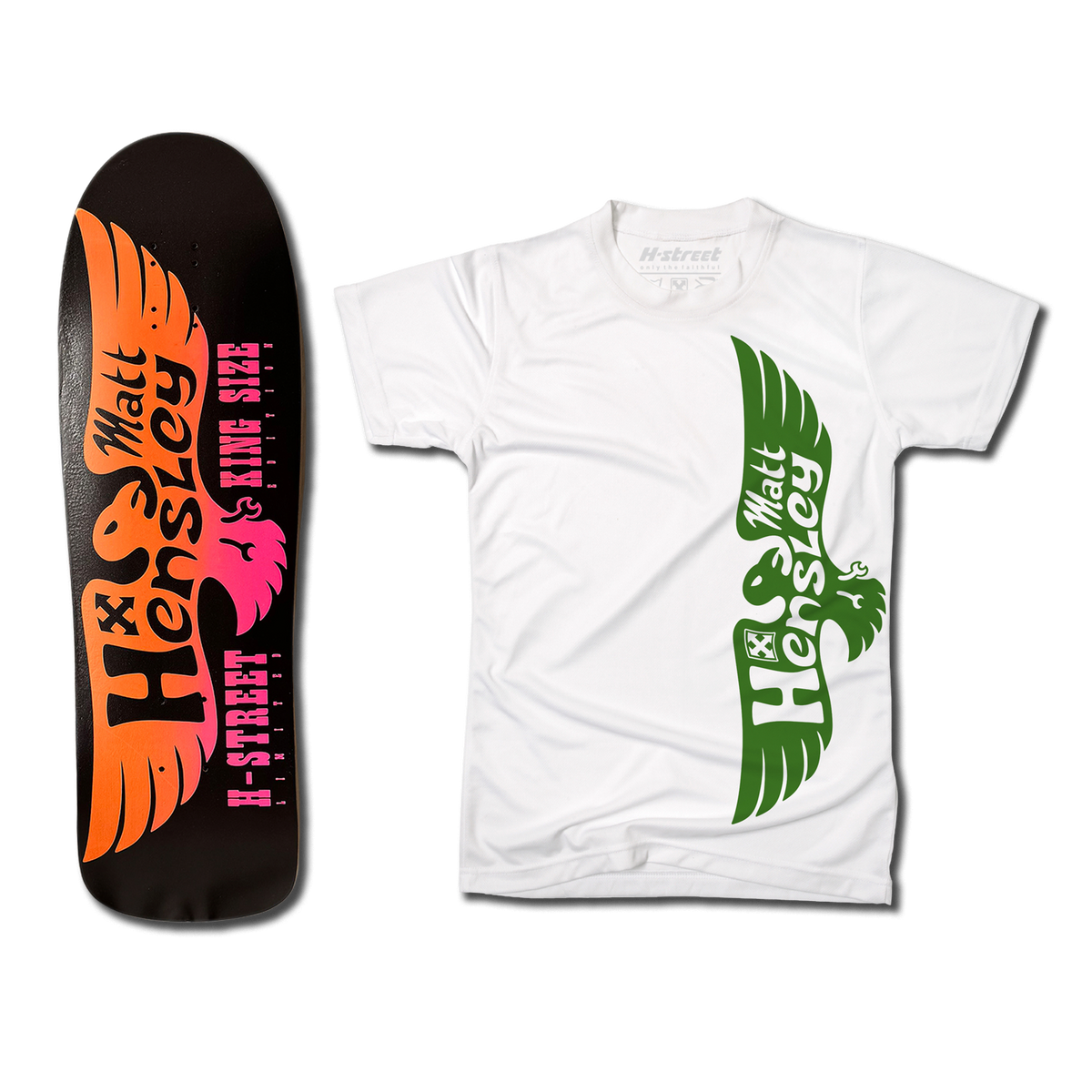 The bottom of a Hensley Eagle King Size Skateboard deck. The bottom is black with a fluorescent orange and pink eagle.