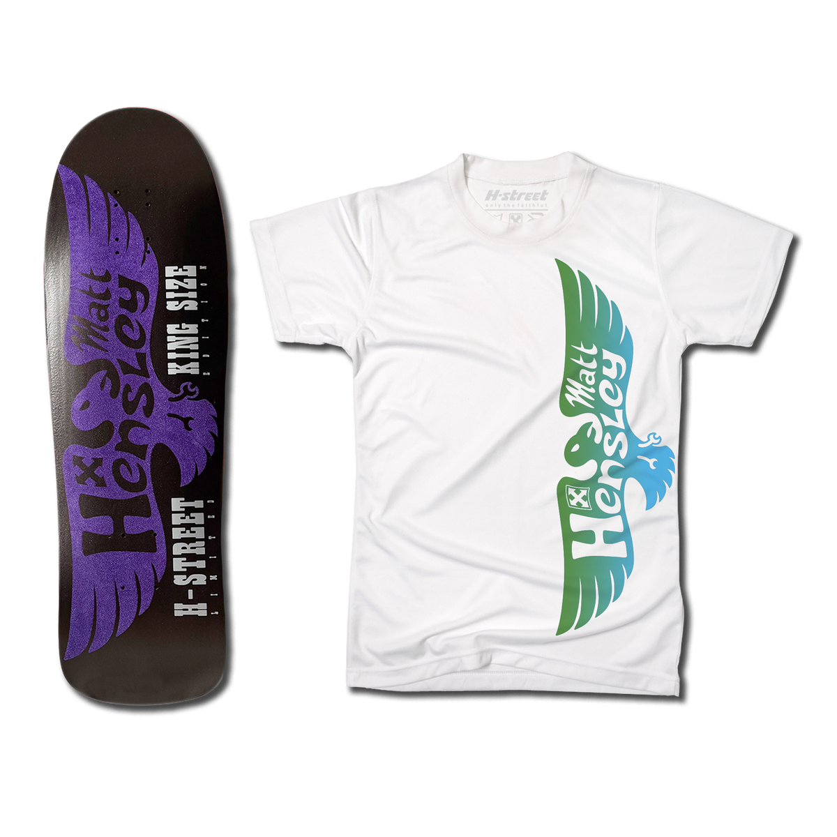 The bottom of a Hensley Eagle King Size Skateboard deck. The bottom is black with a purple eagle. Next to it is a white shirt with the green and blue eagle logo on the front.