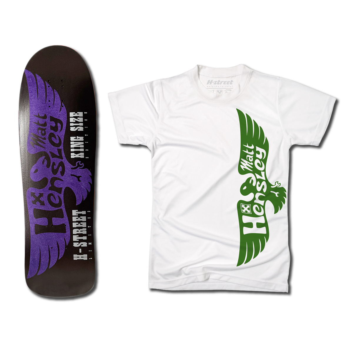 The bottom of a Hensley Eagle King Size Skateboard deck. The bottom is black with a purple eagle. Next to it is a white shirt with the green eagle logo on the front.