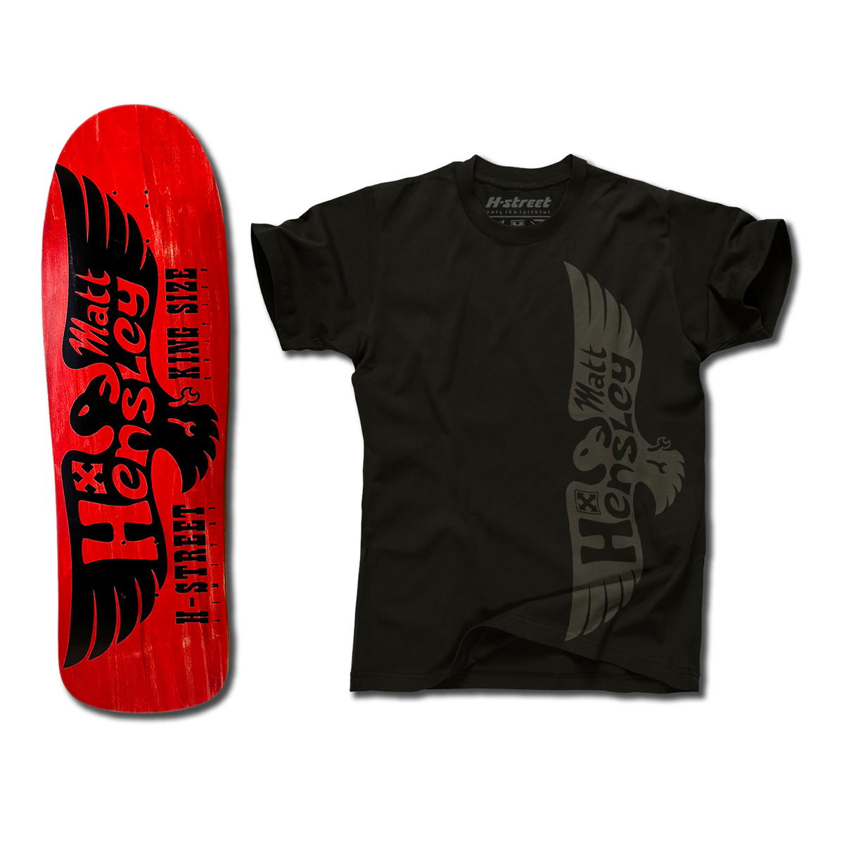 The bottom of a Hensley Eagle King Size Skateboard deck. The bottom is red with a black eagle. Next to it is a black Eagle shirt with the grey eagle logo on the front.