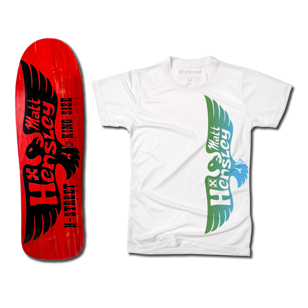The bottom of a Hensley Eagle King Size Skateboard deck. The bottom is red with a black eagle. Next to it is a white shirt with the green and blue eagle logo on the front.