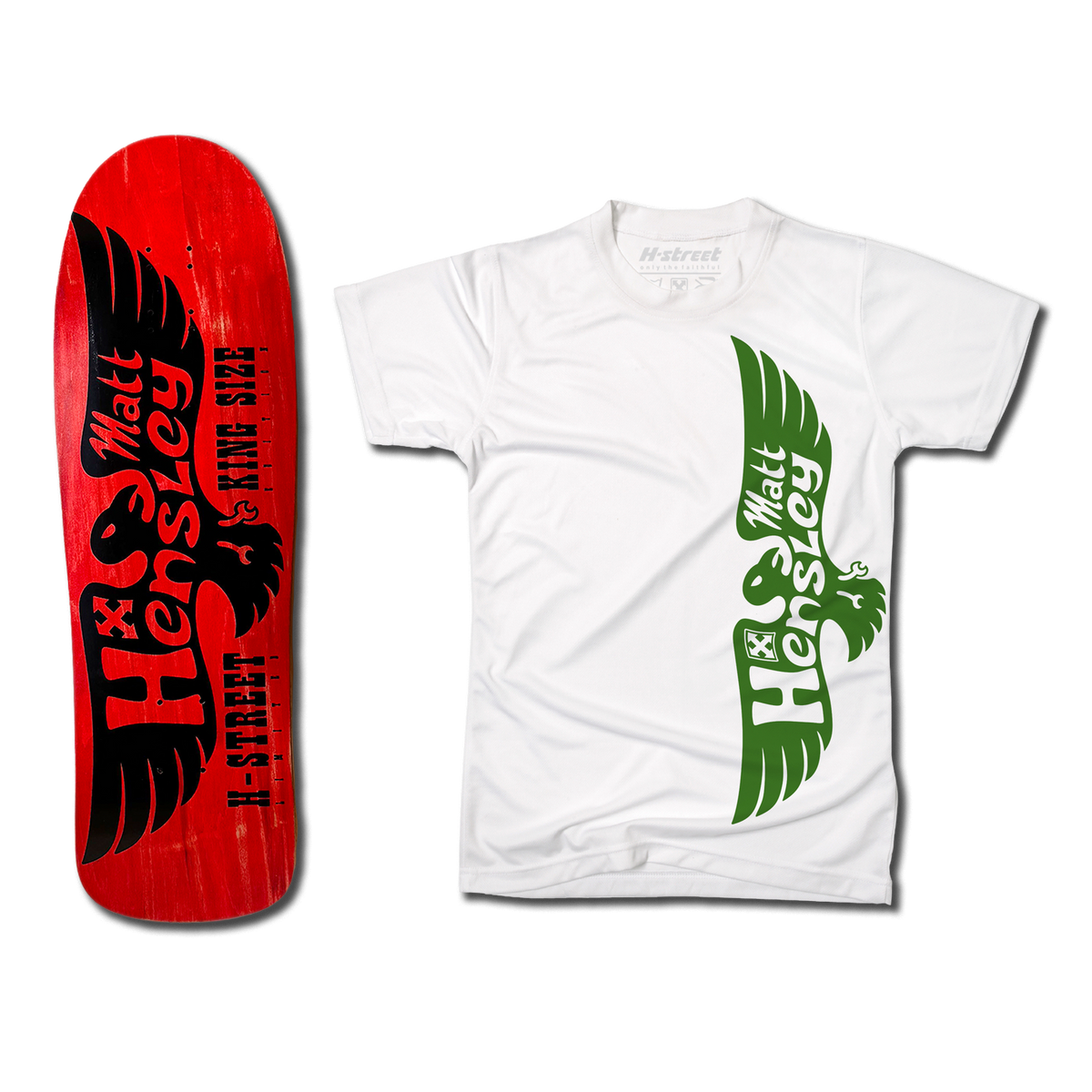 The bottom of a Hensley Eagle King Size Skateboard deck. The bottom is red with a black eagle. Next to it is a white shirt with the green eagle logo on the front.