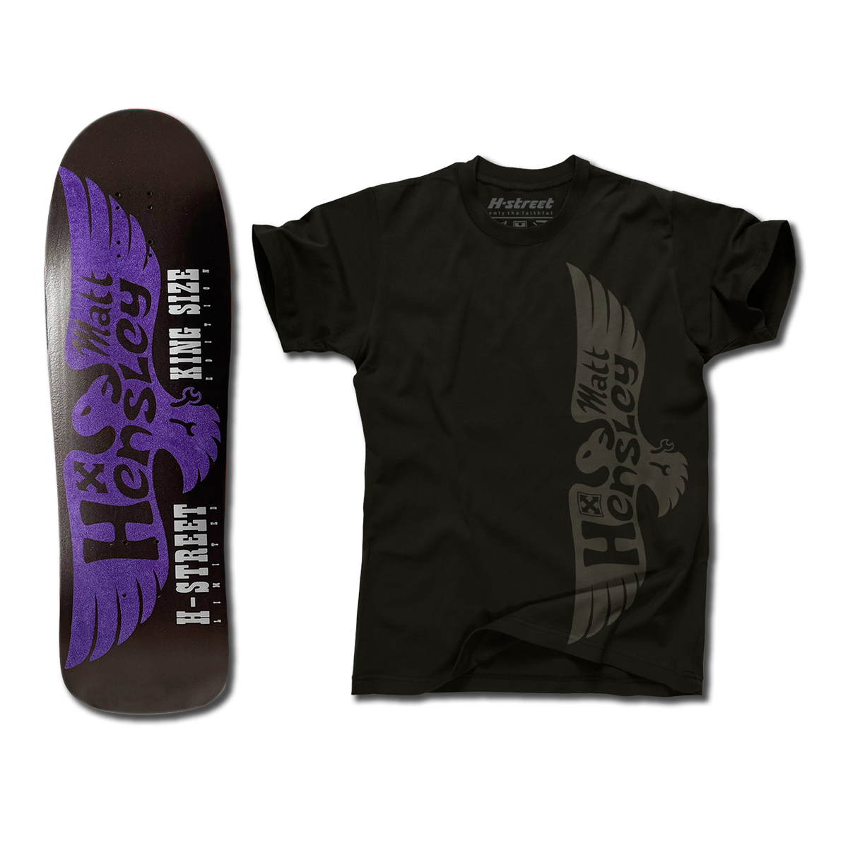 The bottom of a Hensley Eagle King Size Skateboard deck. The bottom is black with a purple eagle. Next to it is a black Eagle shirt with the grey eagle logo on the front.