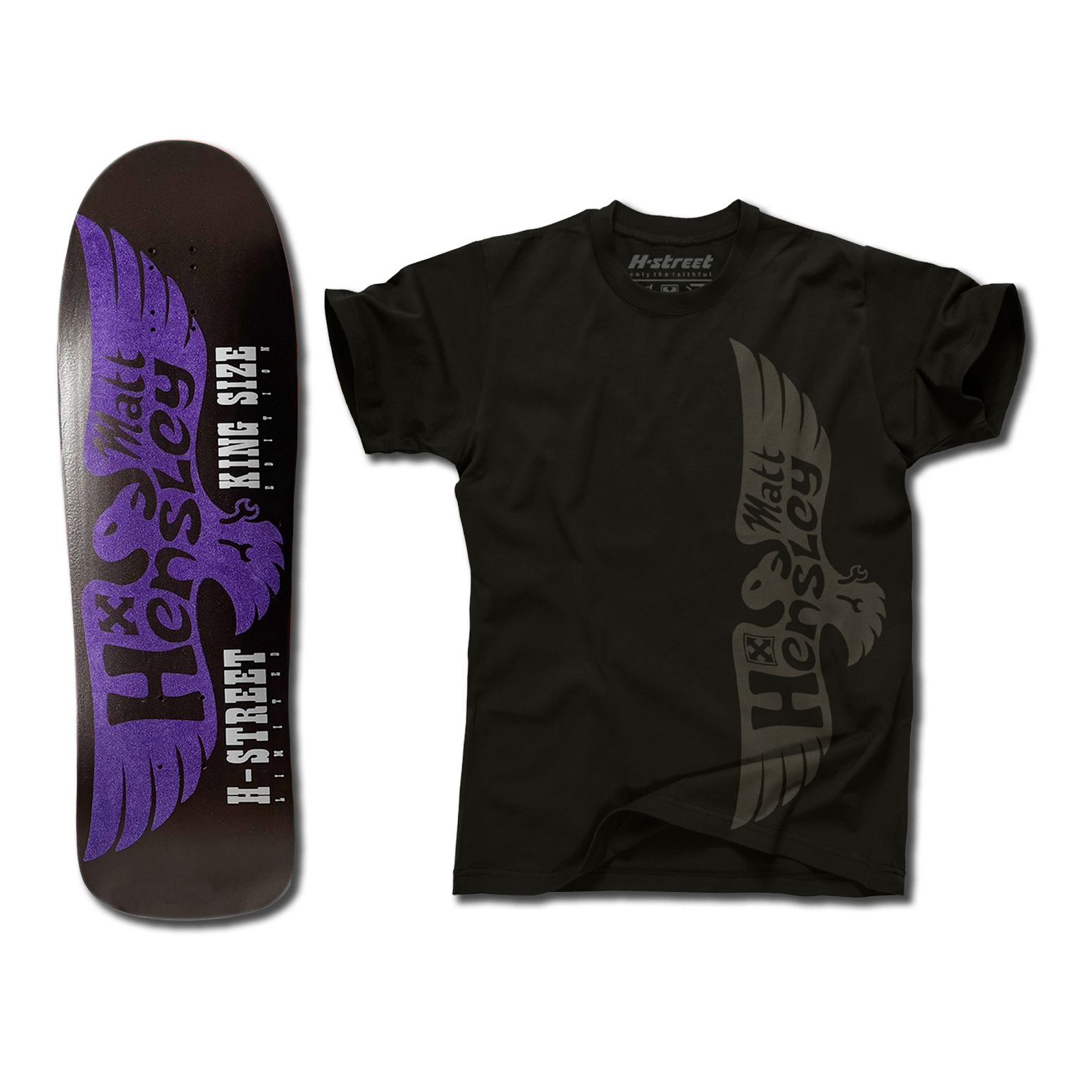 The bottom of a Hensley Eagle King Size Skateboard deck. The bottom is black with a purple eagle. Next to it is a black Eagle shirt with the grey eagle logo on the front.