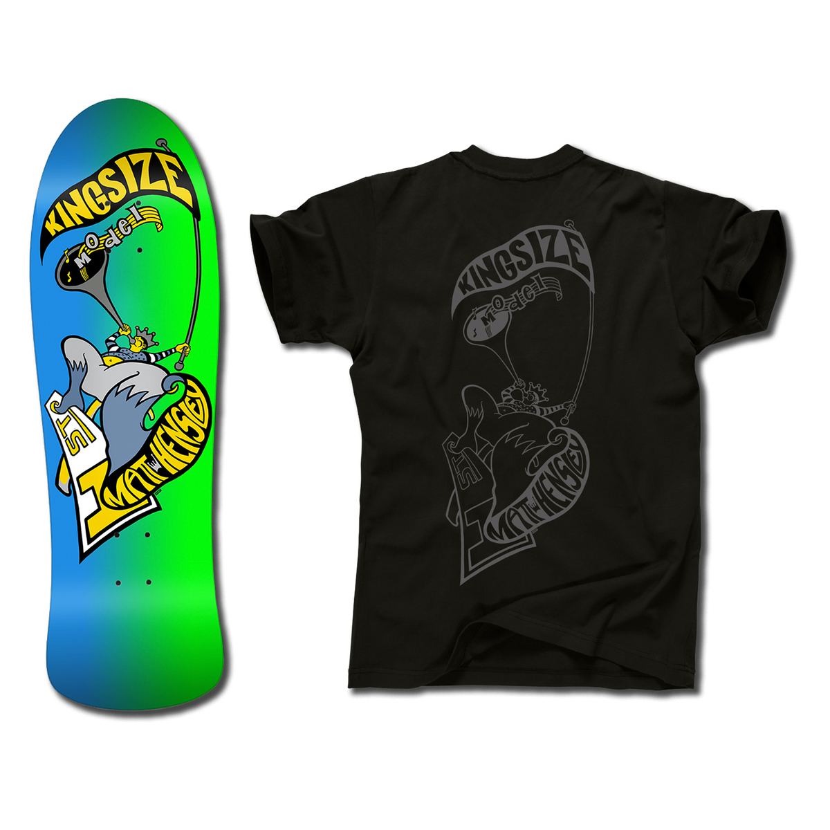 The bottom of a Hensley Hornblower Skateboard deck in blue and green next to a black shirt with a matching Hornblower design in a grey outline. Both have the Kingsize Model graphic of a stylized person blowing a horn on a skateboard.