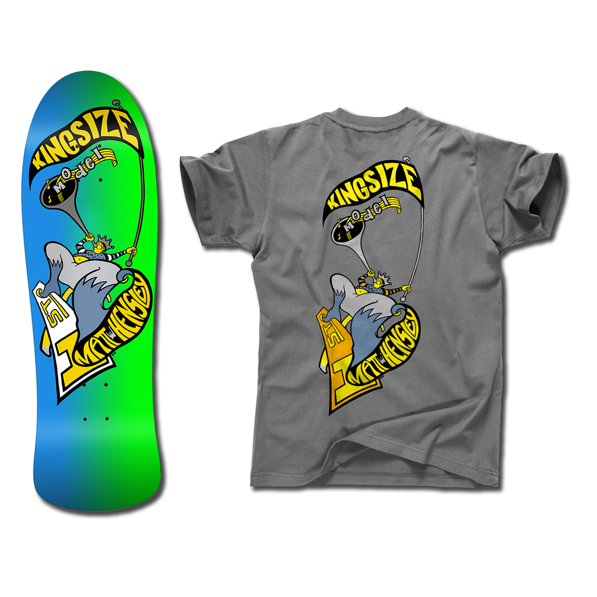 The bottom of a Hensley Hornblower Skateboard deck in blue and green next to a grey shirt with a matching Hornblower design but in yellow and grey. Both have the Kingsize Model graphic of a stylized person blowing a horn on a skateboard.