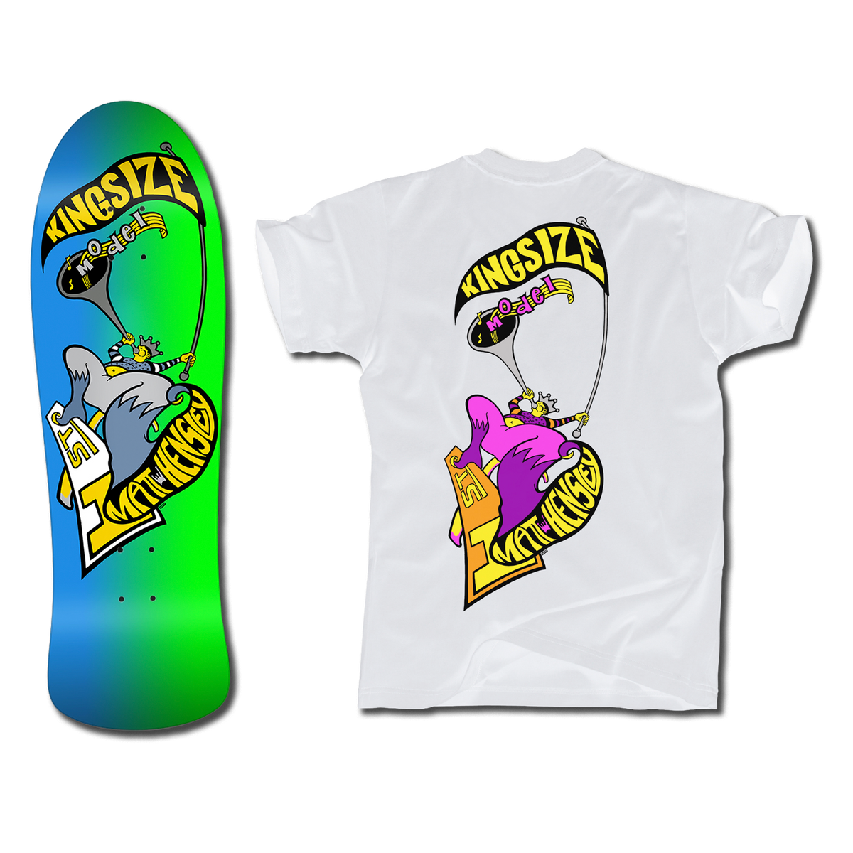 The bottom of a Hensley Hornblower Skateboard deck in blue and green next to a white shirt with a matching Hornblower design but in pink and yellow. Both have the Kingsize Model graphic of a stylized person blowing a horn on a skateboard.