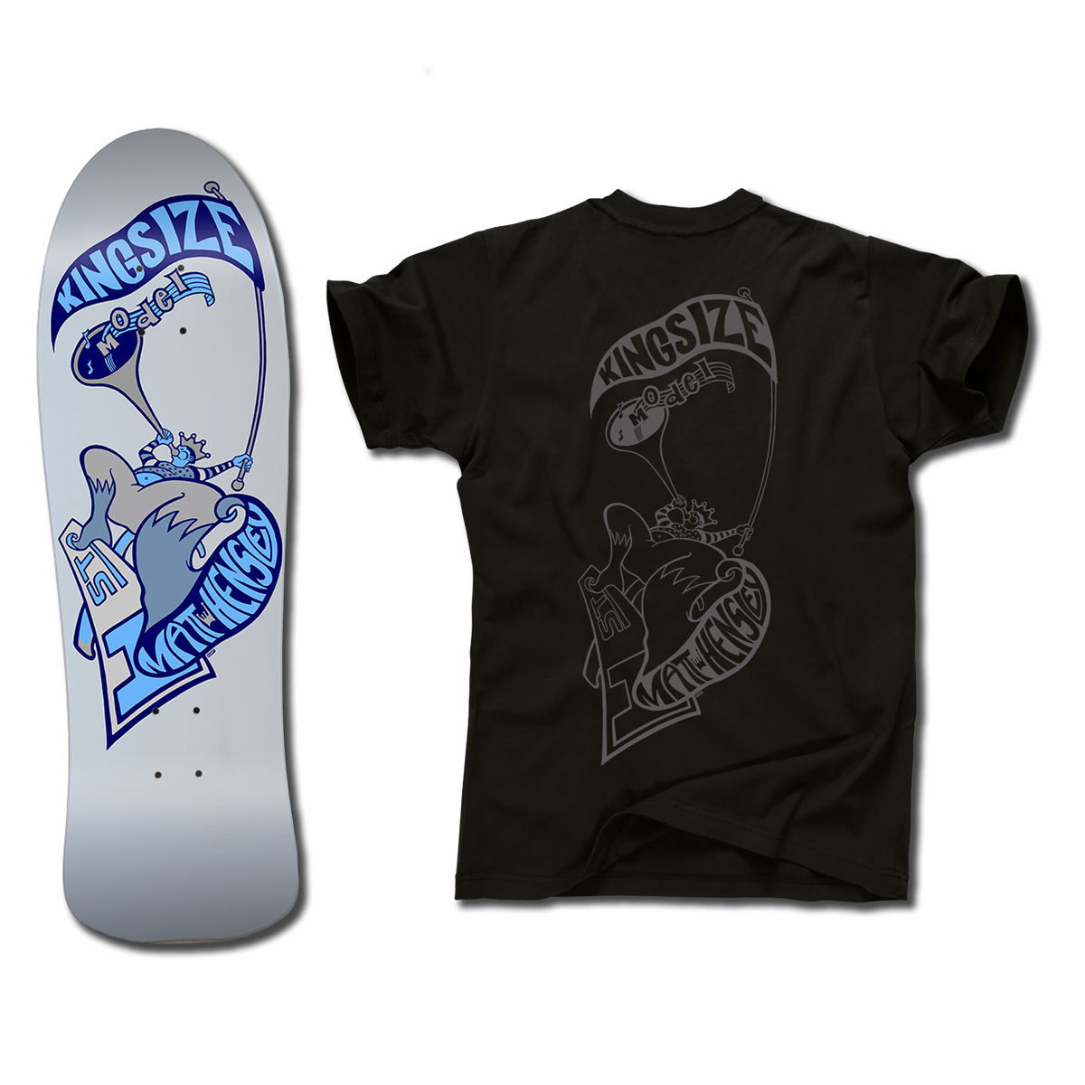 The bottom of a Hensley Hornblower Skateboard deck in silver and blue next to a black shirt with a matching Hornblower design in a grey outline. Both have the Kingsize Model graphic of a stylized person blowing a horn on a skateboard.