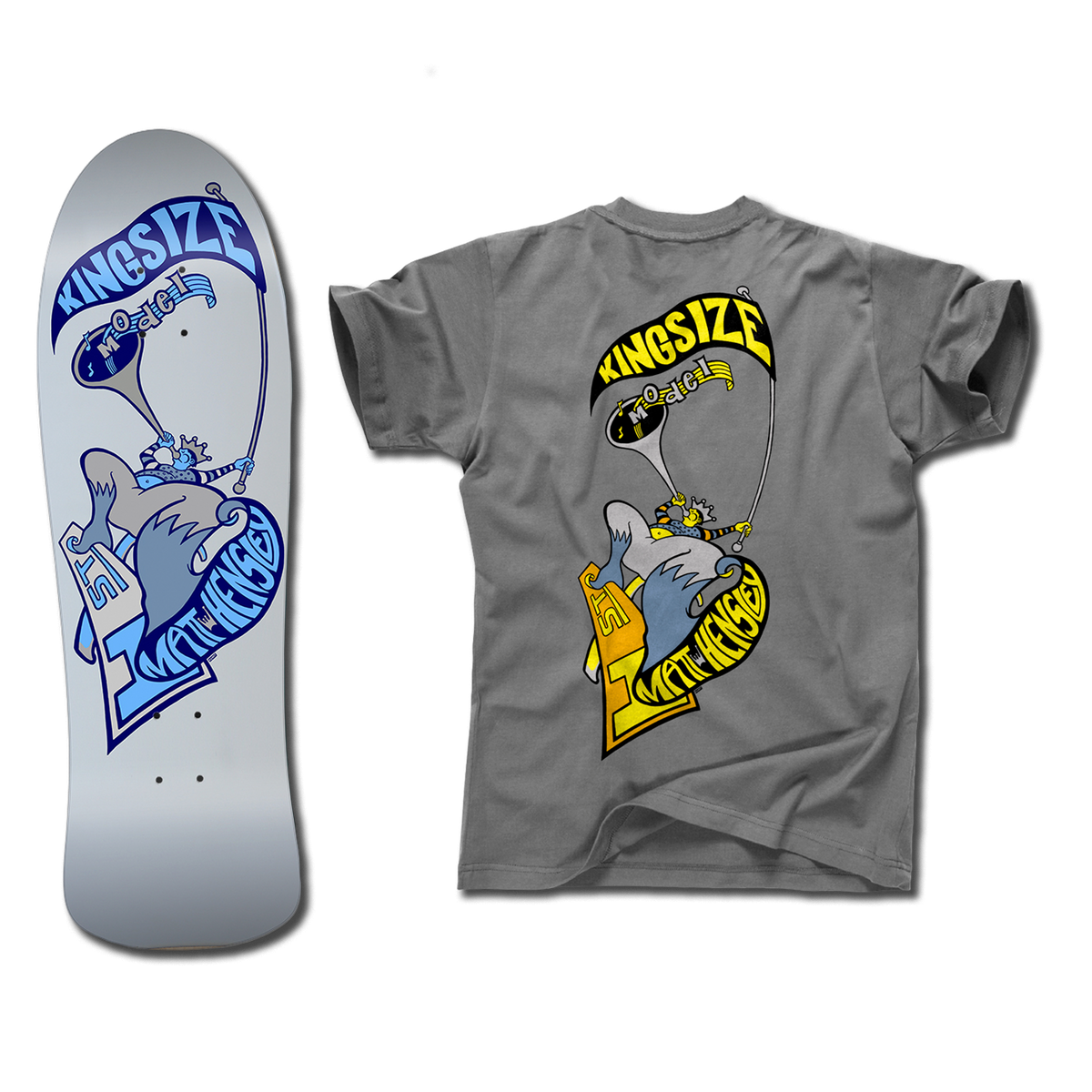 The bottom of a Hensley Hornblower Skateboard deck in silver and blue next to a grey shirt with a matching Hornblower design but in yellow and grey. Both have the Kingsize Model graphic of a stylized person blowing a horn on a skateboard.