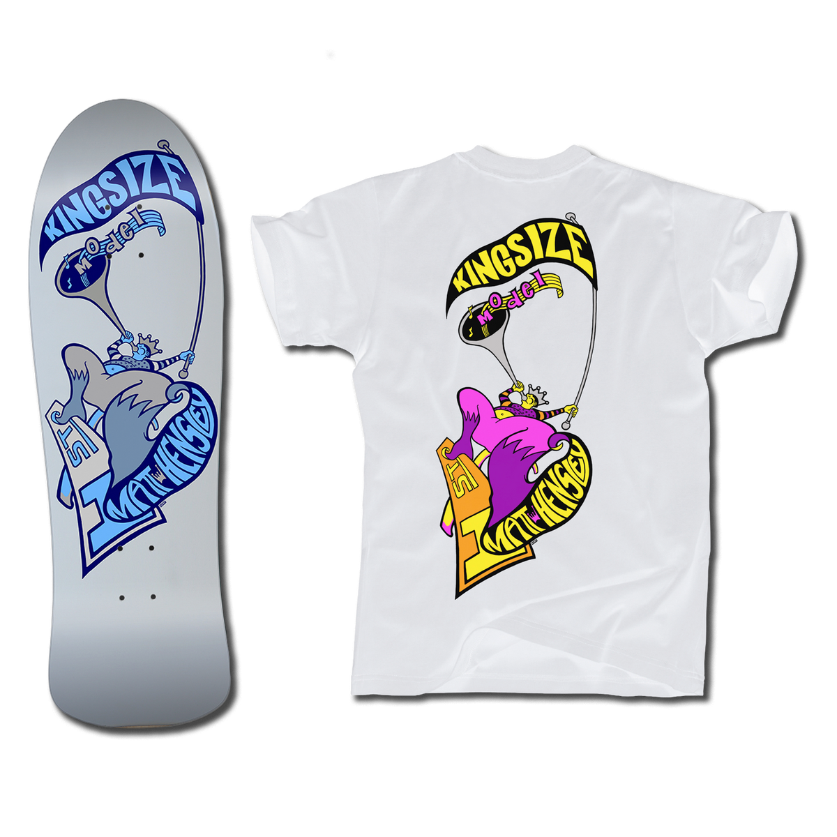 The bottom of a Hensley Hornblower Skateboard deck in silver and blue next to a white shirt with a matching Hornblower design but in pink and yellow. Both have the Kingsize Model graphic of a stylized person blowing a horn on a skateboard.