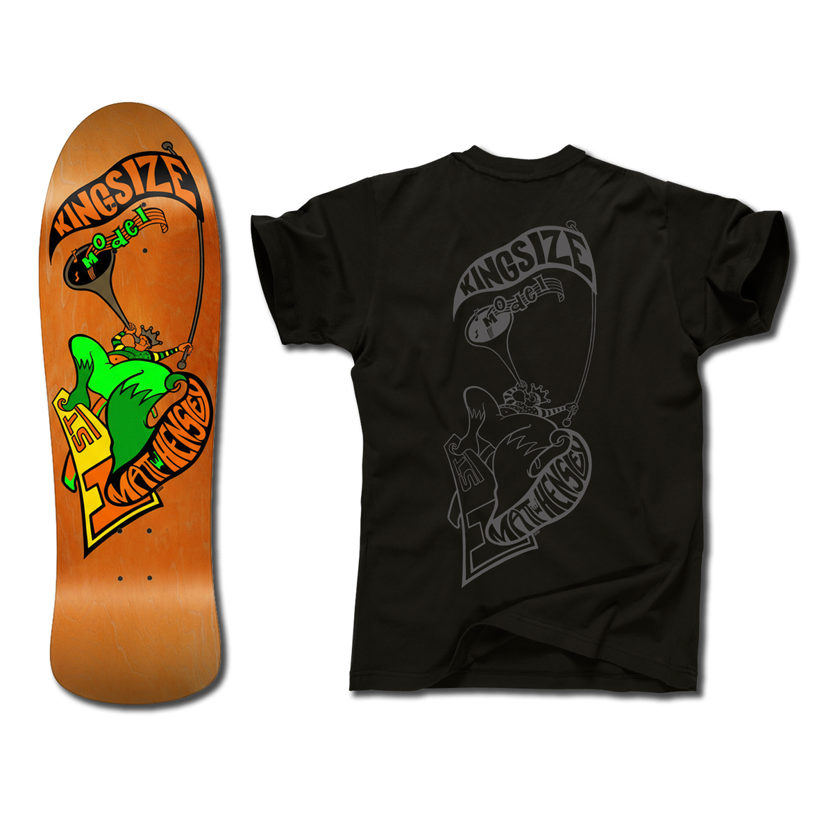 The bottom of a Hensley Hornblower Skateboard deck in orange next to a black shirt with a matching Hornblower design in a grey outline. Both have the Kingsize Model graphic of a stylized person blowing a horn on a skateboard.