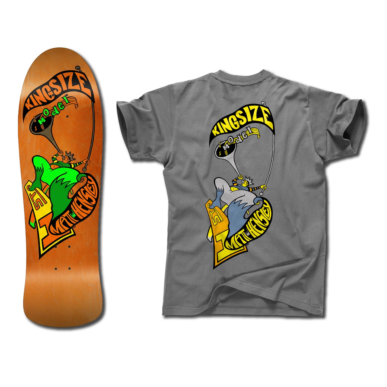 The bottom of a Hensley Hornblower Skateboard deck in orange next to a grey shirt with a matching Hornblower design but in yellow and grey. Both have the Kingsize Model graphic of a stylized person blowing a horn on a skateboard.