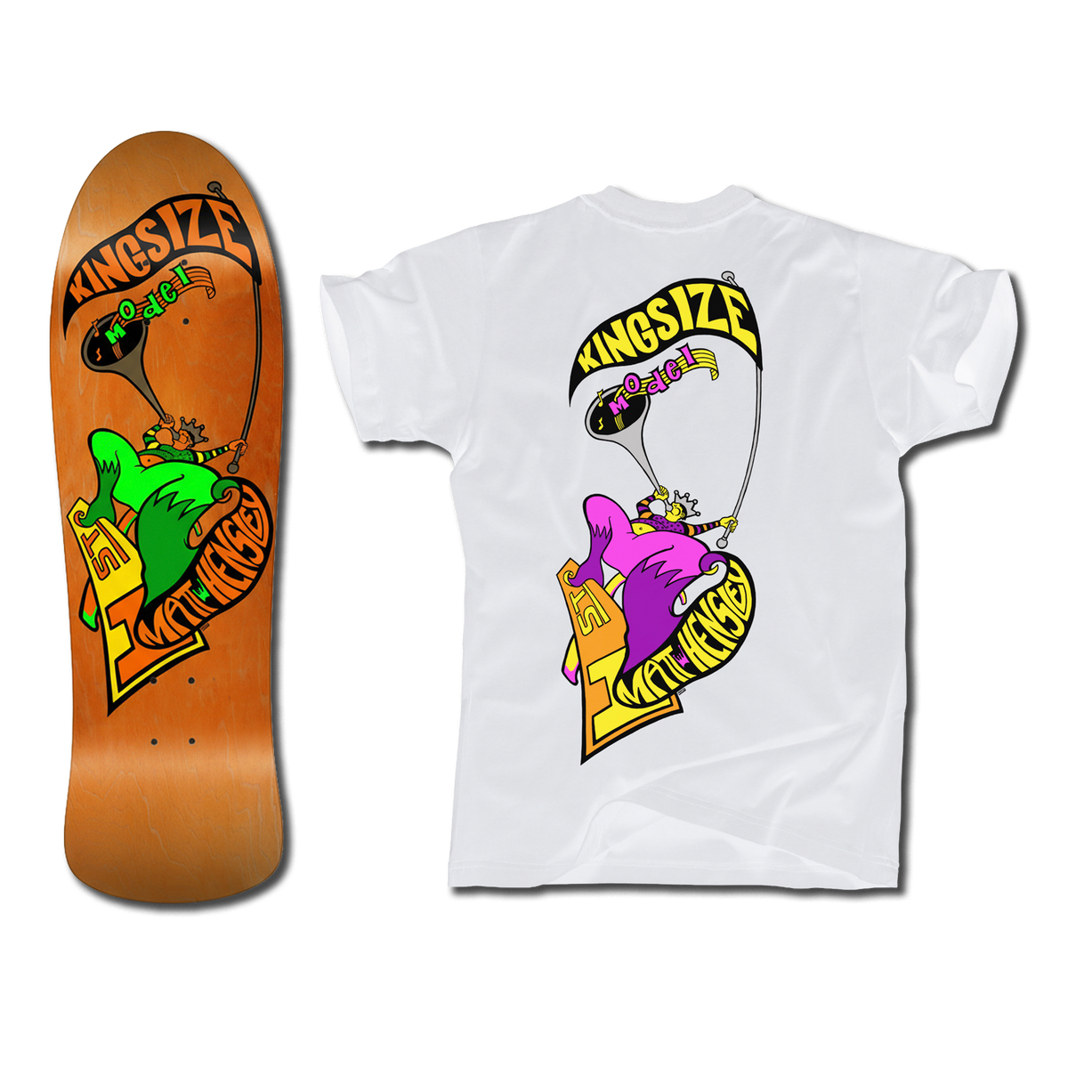 The bottom of a Hensley Hornblower Skateboard deck in orange next to a white shirt with a matching Hornblower design but in pink and yellow. Both have the Kingsize Model graphic of a stylized person blowing a horn on a skateboard.