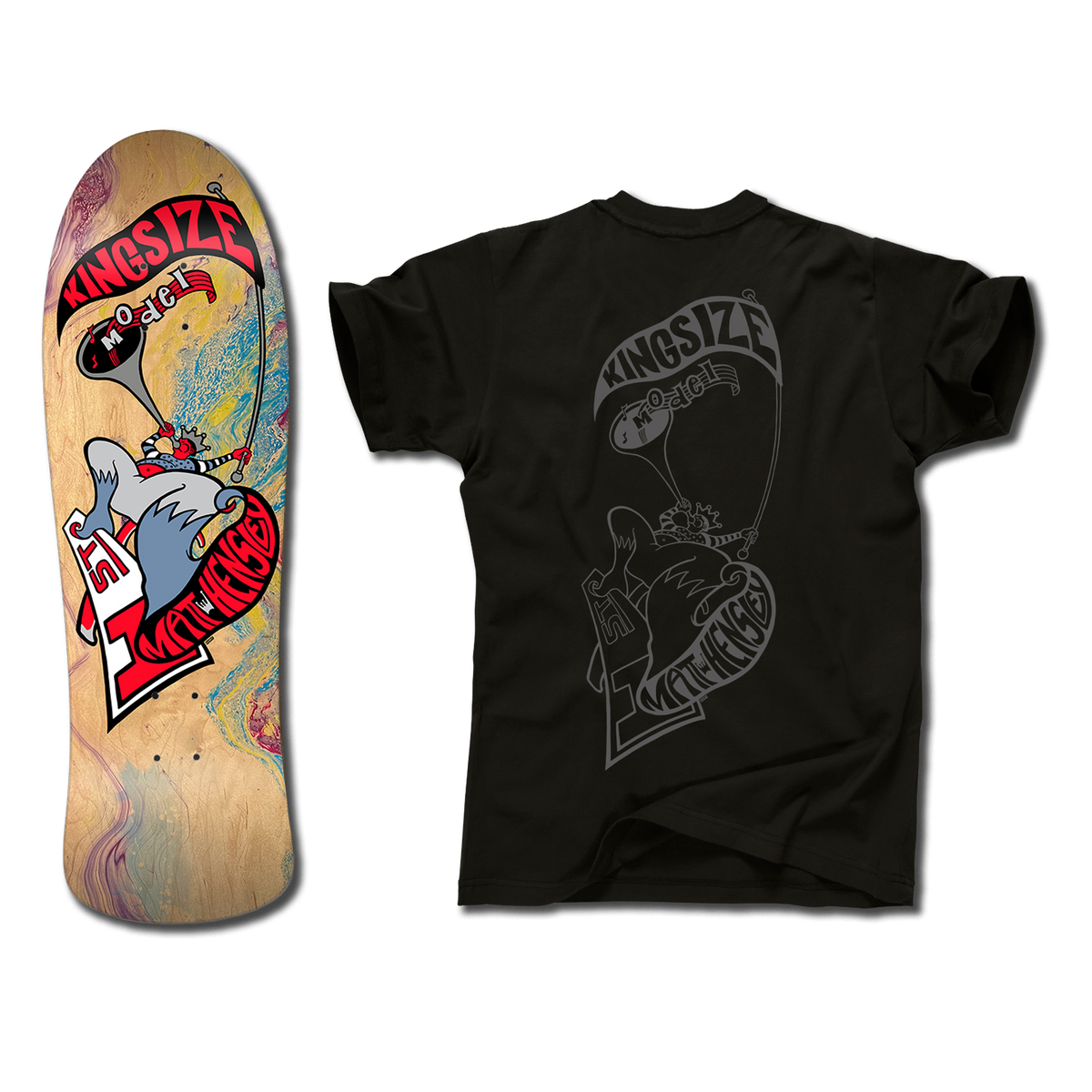 The bottom of a Hensley Hornblower Skateboard deck with a hydro dip background and red and grey illustration next to a black shirt with a matching Hornblower design in a grey outline. Both have the Kingsize Model graphic of a stylized person blowing a horn on a skateboard.