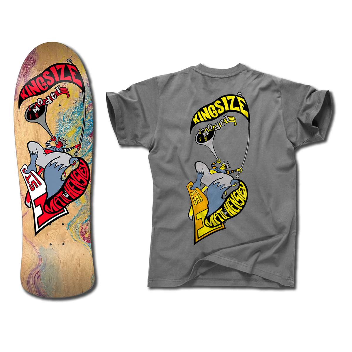 The bottom of a Hensley Hornblower Skateboard deck with a hydro dip background and red and grey illustration next to a grey shirt with a matching Hornblower design but in yellow and grey. Both have the Kingsize Model graphic of a stylized person blowing a horn on a skateboard.