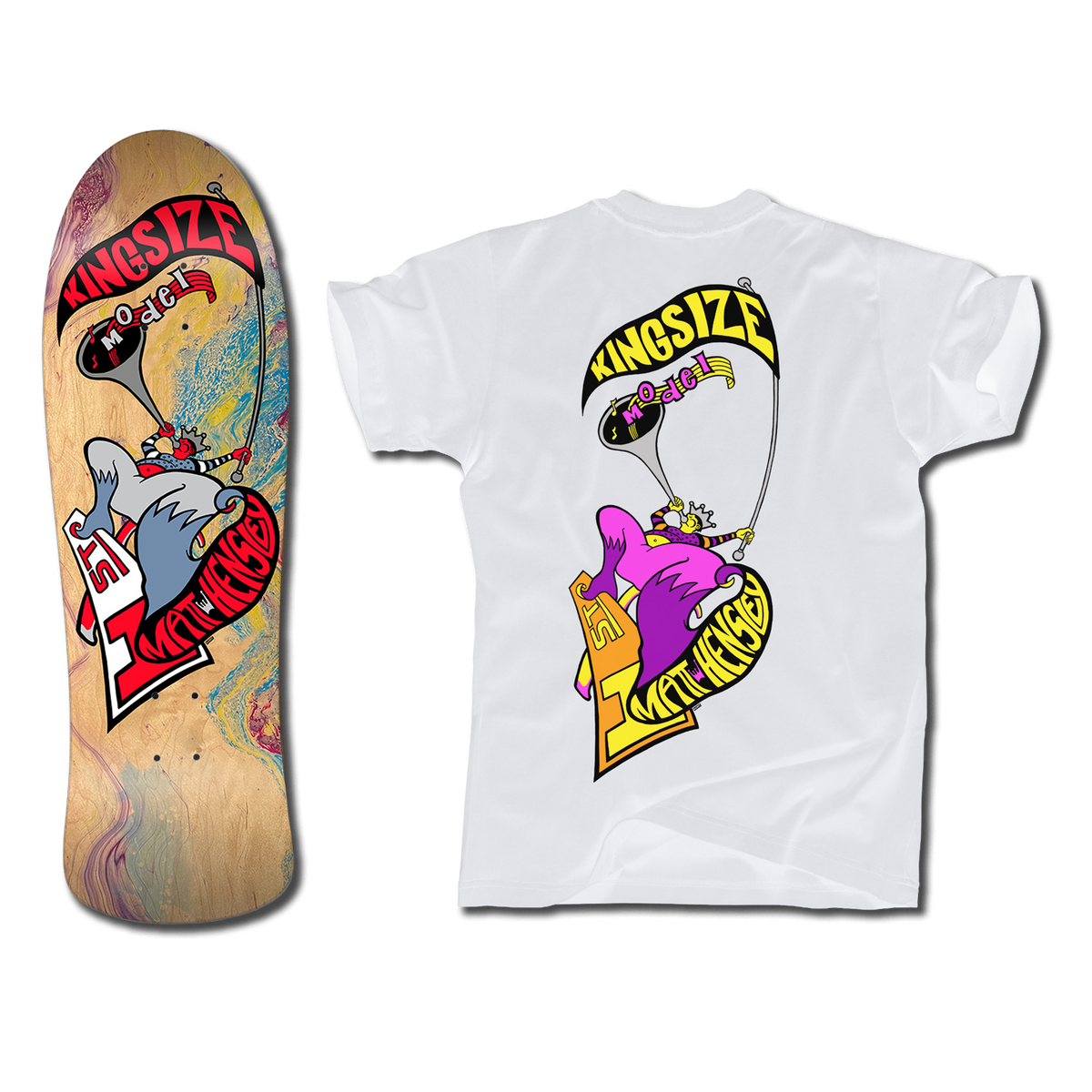 The bottom of a Hensley Hornblower Skateboard deck with a hydro dip background and red and grey illustration next to a white shirt with a matching Hornblower design but in pink and yellow. Both have the Kingsize Model graphic of a stylized person blowing a horn on a skateboard.