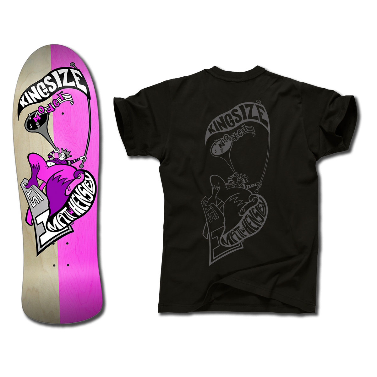 The bottom of a Hensley Hornblower Skateboard deck in pink and gray next to a black shirt with a matching Hornblower design in a grey outline. Both have the Kingsize Model graphic of a stylized person blowing a horn on a skateboard.