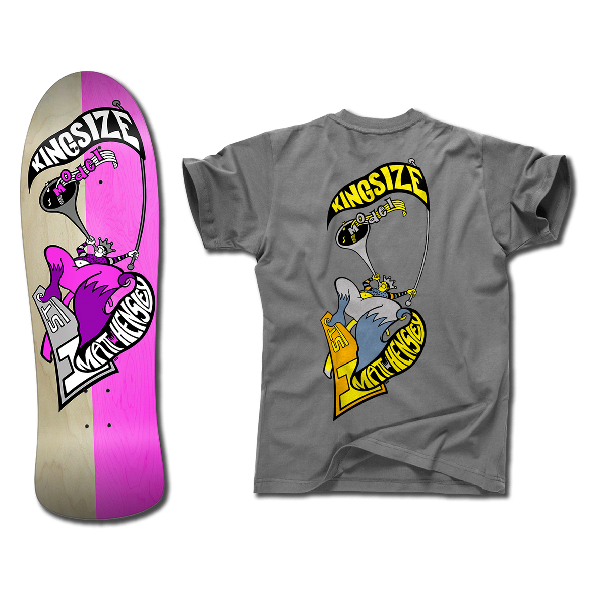 The bottom of a Hensley Hornblower Skateboard deck in pink and gray next to a grey shirt with a matching Hornblower design but in yellow and grey. Both have the Kingsize Model graphic of a stylized person blowing a horn on a skateboard.