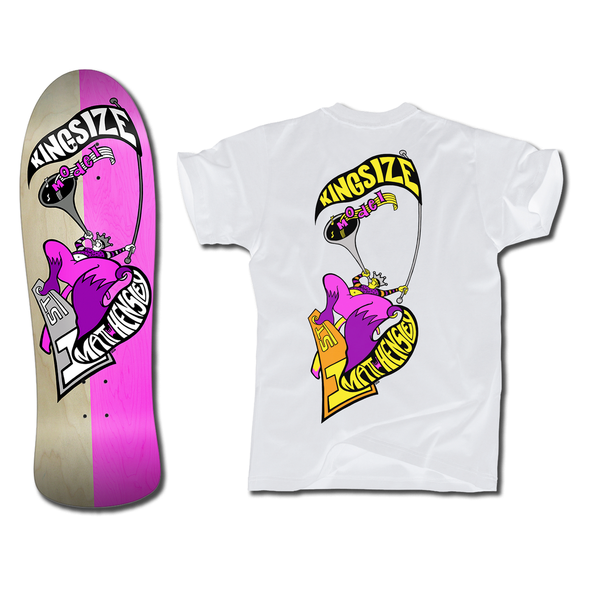 The bottom of a Hensley Hornblower Skateboard deck in pink and gray next to a white shirt with a matching Hornblower design but in pink and yellow. Both have the Kingsize Model graphic of a stylized person blowing a horn on a skateboard.