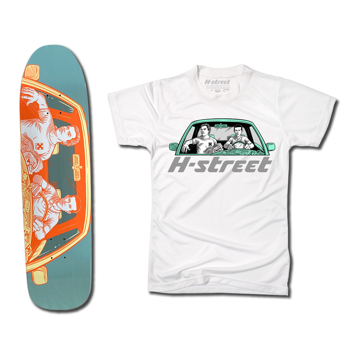 The bottom of a Hensley Ortega Skateboard deck in sage green with an orange, yellow, and light blue illustration of people in a car. There's also a white t-shirt with a matching illustration on the front in black, white, and mint green.