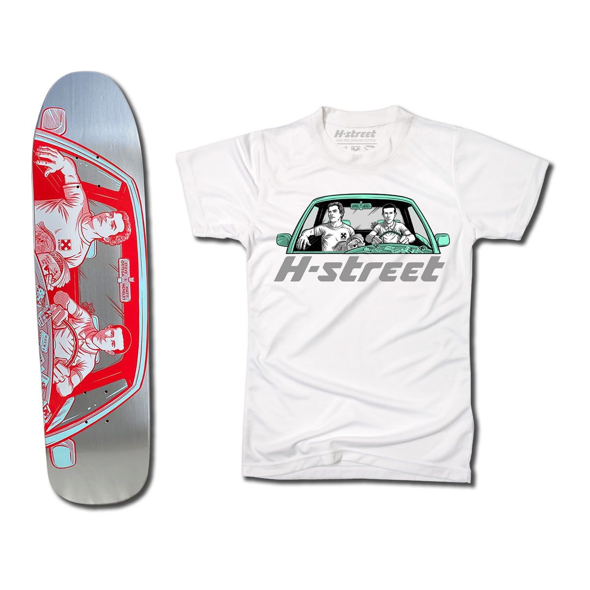 The bottom of a Hensley Ortega Skateboard deck in silver with a red and blue illustration of people in a car. There's also a white t-shirt with a matching illustration on the front in black, white, and mint green.
