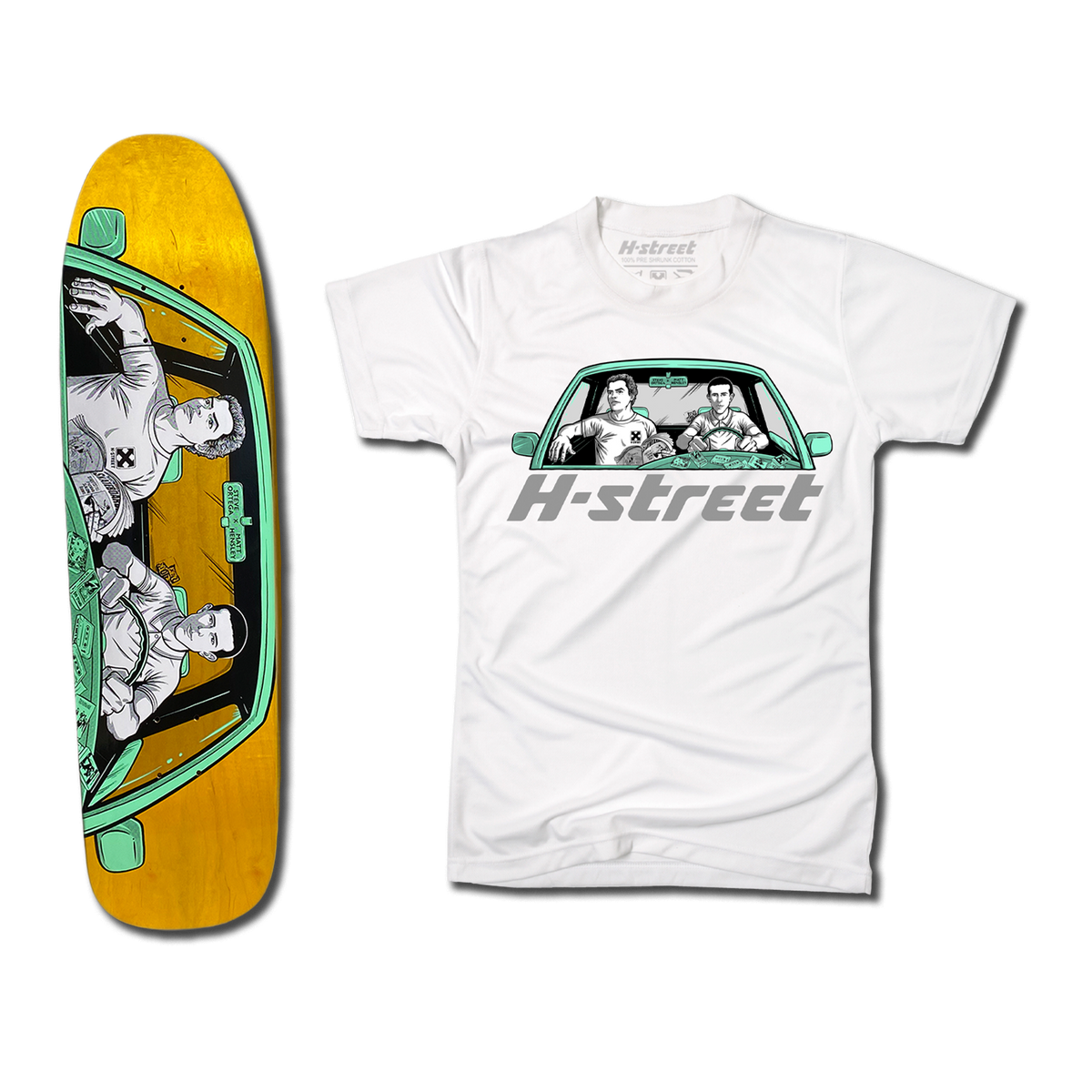 The bottom of a Hensley Ortega Skateboard deck in gold with a black, mint green and white illustration of people in a car. There's also a white t-shirt with a matching illustration on the front in black, white, and mint green.
