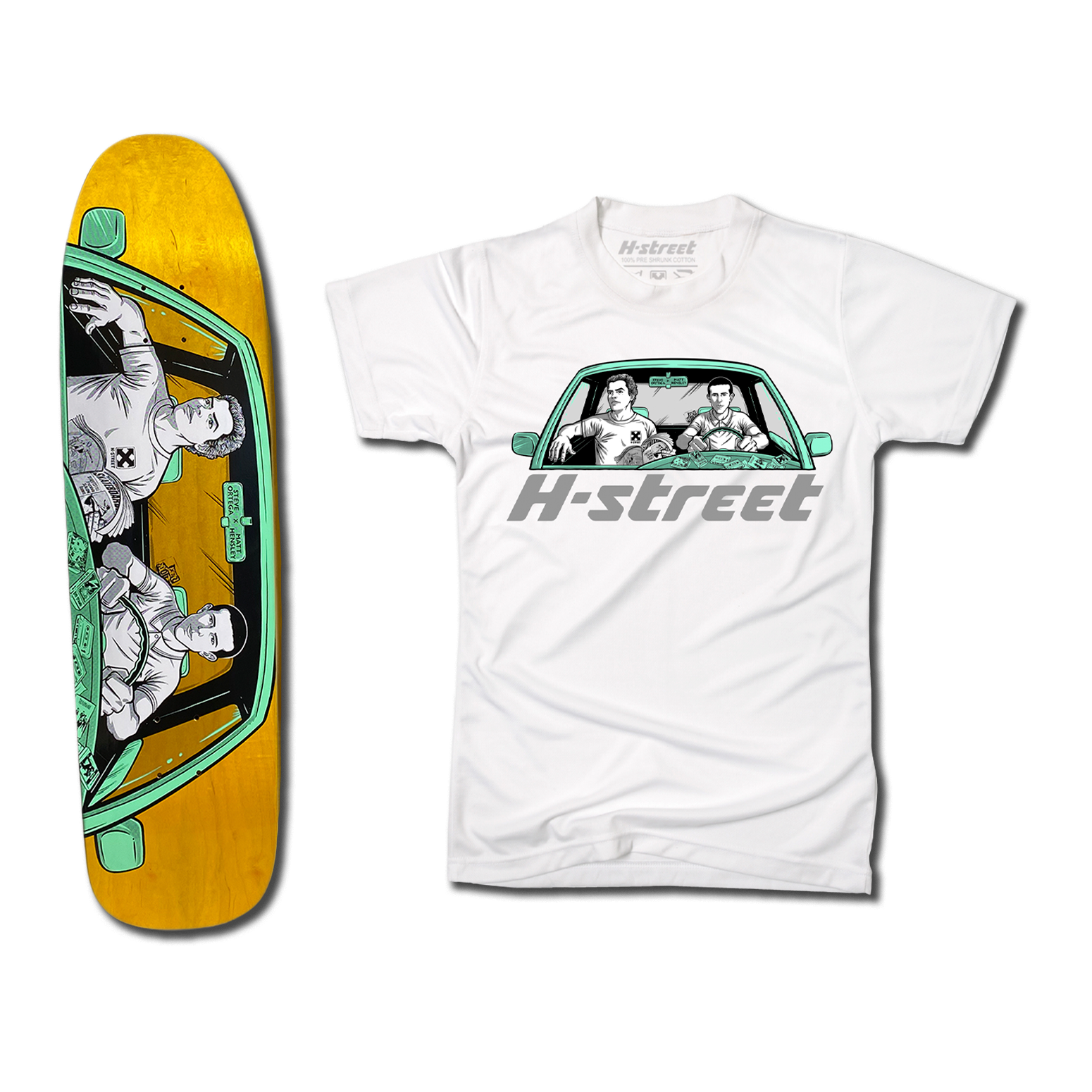 The bottom of a Hensley Ortega Skateboard deck in gold with a black, mint green and white illustration of people in a car. There's also a white t-shirt with a matching illustration on the front in black, white, and mint green.