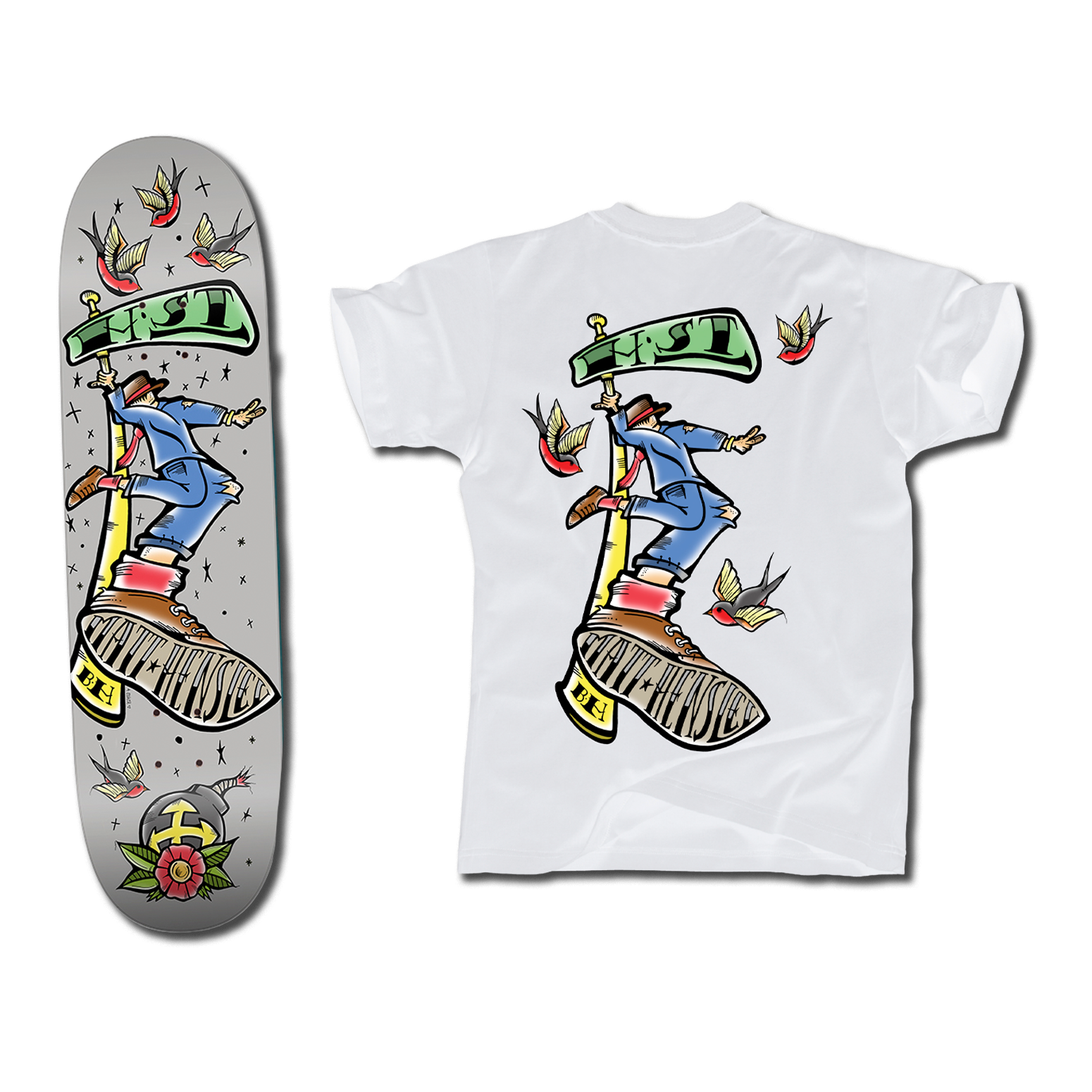 The bottom of a Hensley Sailor Jerry Skateboard deck with an illustrated person and street sign. There's also a white t-shirt with a matching illustration on the back.