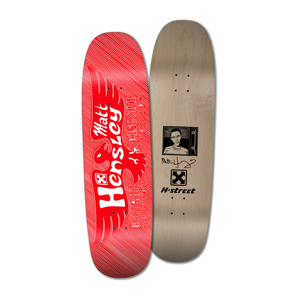 A skateboard deck with a red and white eagle graphic on the bottom and a photograph of Matt Hensley on the top, alongside the 'H-Street' Logo.
