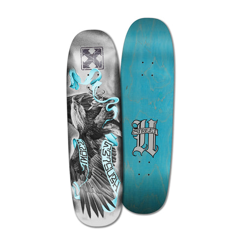 A skateboard deck with a graphic of an eagle and text, predominantly in black, white, and hints of blue on the bottom. The top is blue with a H-Street logo.