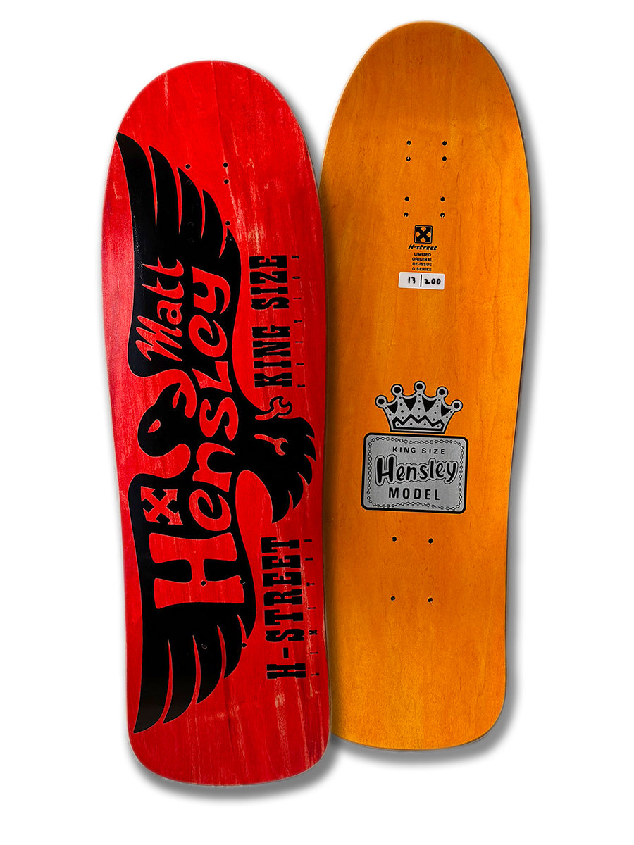 Two skateboard decks are displayed: the left is red with a black eagle and "Matt Hensley" in bold, Old School holes; the right is an orange Legend Skates MATT HENSLEY KINGSIZE LE EAGLE, G SERIES, Limited Edition 11/100.