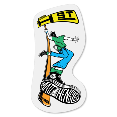 A graphic decal featuring an illustration of a person skateboarding with a sign that reads 'H ST'. The decal comes in various colorways with different backgrounds.