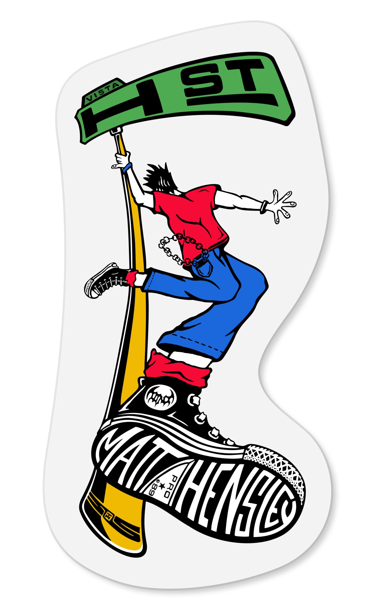The Inkgenda MATT HENSLEY STREET SWINGER DECAL features an illustrated 80’s style skater in a red shirt and blue pants balancing on a black sneaker labeled MATT HENSEL, holding a green skate deck marked HST overhead.