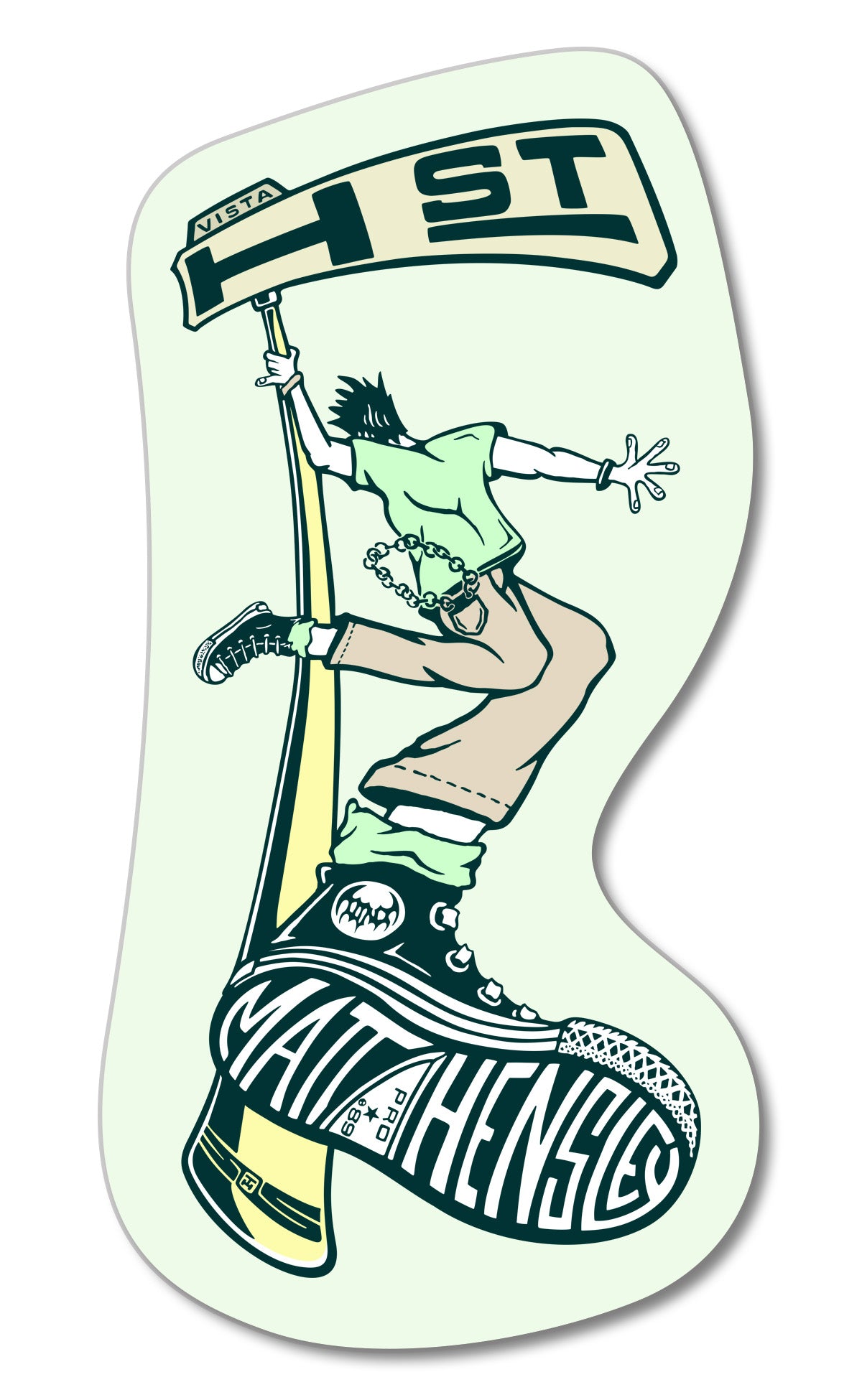 A cartoon figure in baggy clothes jumps with a 1ST street sign, their oversized sneaker labeled MATTHEWS ST pops out—capturing playful, urban 80’s vibes like the MATT HENSLEY STREET SWINGER DECAL from Inkgenda.