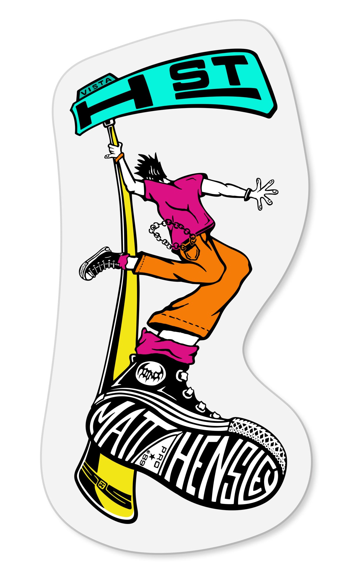 A cartoon figure in bright clothes leaps, holding a hockey stick with a 1ST sign, on a black sneaker labeled "MATT HENSLEY." This Inkgenda STREET SWINGER DECAL features an 80’s style design on a white background with rounded edges.