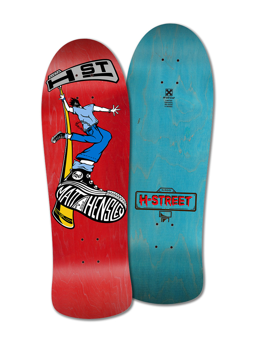 Two skateboards are shown: a red Legend Skates MATT HENSLEY STREET SWINGER E SERIES deck with cartoon art and "Matt Hensley" text, plus a blue collector edition re-issue with a small red and black “H-Street” logo.