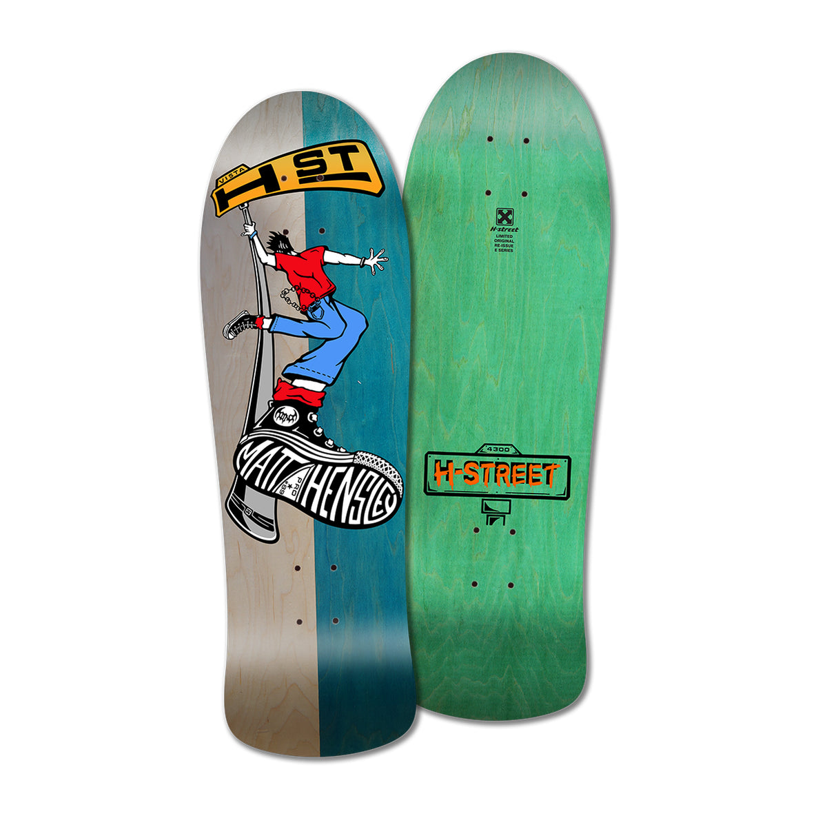Two skateboard decks with graphics featuring a character and the text 'MATT HENSLEY'. One deck is predominantly beige and green and the other is predominantly green with an orange H-Street logo.