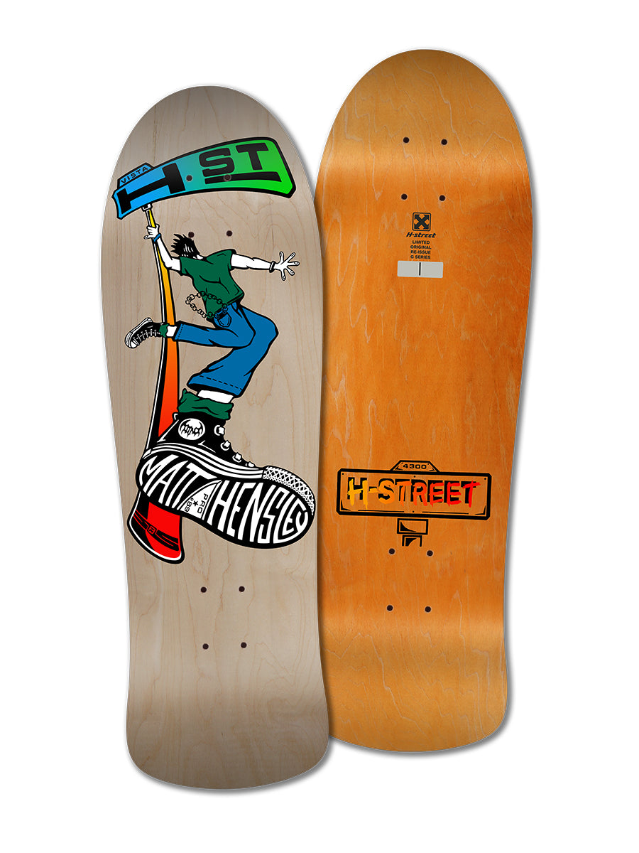 The Legend Skates MATT HENSLEY STREET SWINGER G SERIES includes one deck with a green/blue trick graphic, H-ST and Matt Hensley text, and a collector edition featuring wood finish, H-Street logo, and a small barcode sticker.