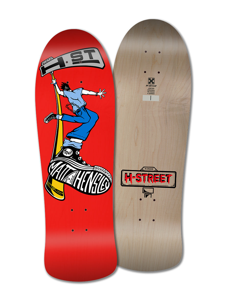 The MATT HENSLEY STREET SWINGER G SERIES by Legend Skates features a bold red front with a cartoon figure on a skateboard holding a flag, and a plain wood back with H-Street branding—a true collector’s edition and reissue.