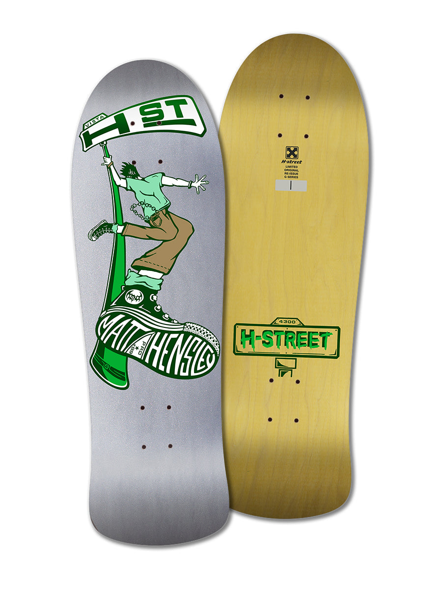 The Legend Skates MATT HENSLEY STREET SWINGER G SERIES deck features a classic Street Swinger reissue graphic with a green figure waving an "H-ST" flag, “Matt Hensley” on the shoe, and green H-Street logos on plain wood—a collector’s item.