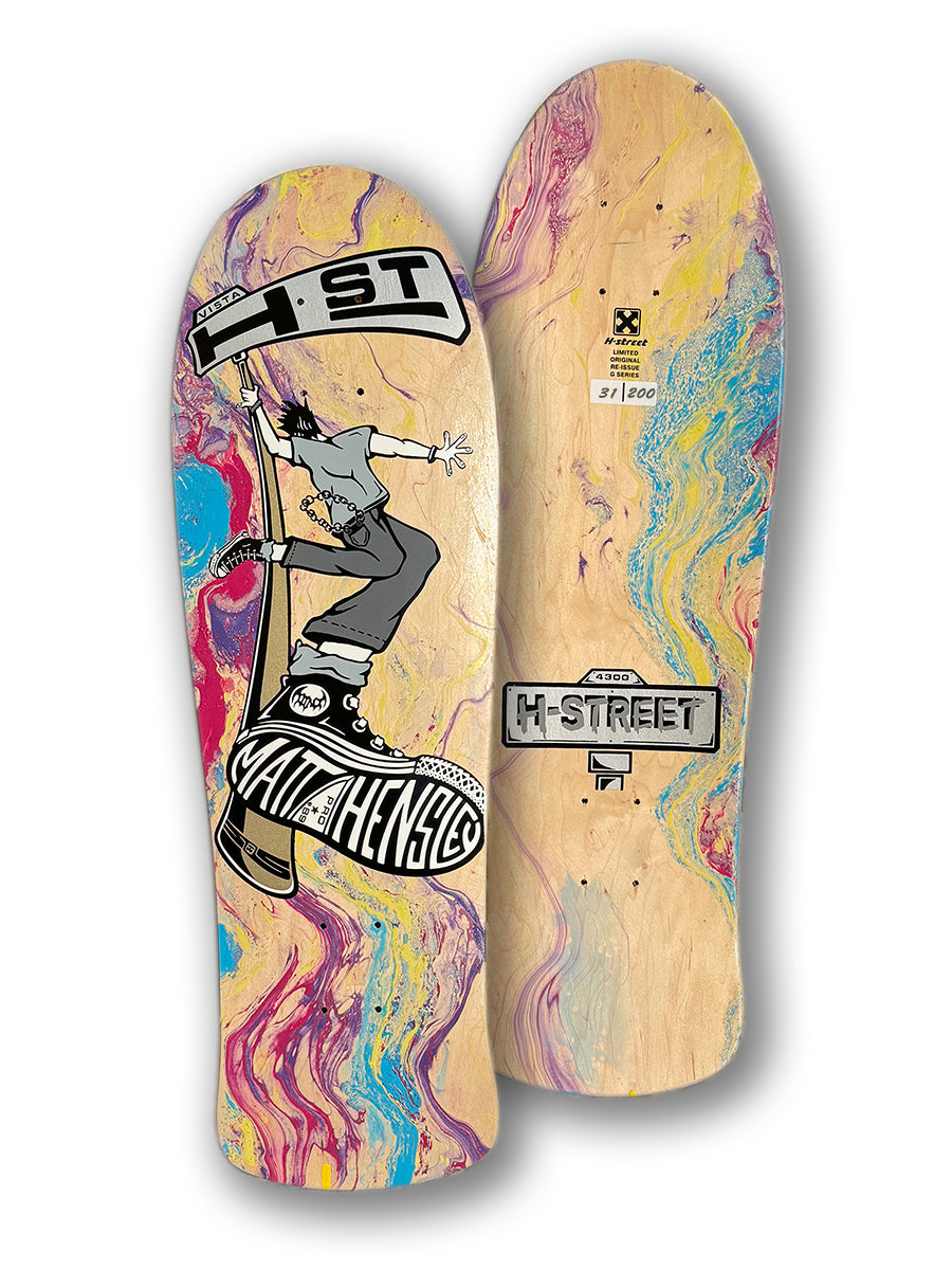 Legend Skates’ MATT HENSLEY STREET SWINGER G SERIES includes two collector skateboard decks: one with a skater graphic and “Matt Hensley,” the other a Street Swinger reissue with “H-Street” logos and edition number, both on marbled backgrounds.