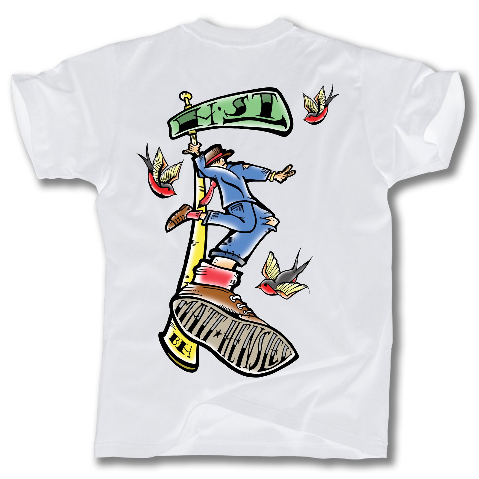 The Minuteman HENSLEY SAILOR JERRY TATTOO STREET SWINGER TEE features a cartoon in a blue suit surfing a LEAVE A HENSCY pen, holding an LST sign, with four birds, all in playful Sailor Jerry style.
