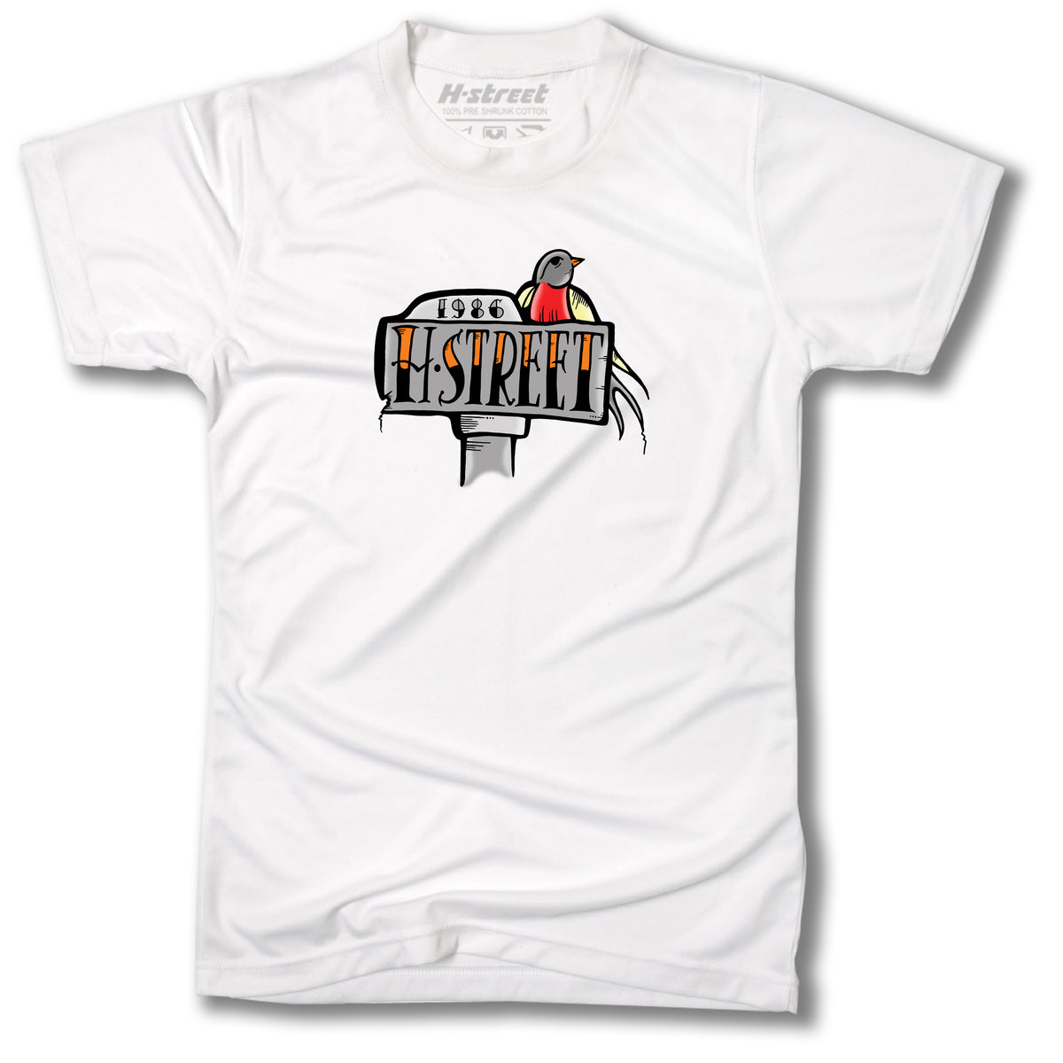 The Minuteman HENSLEY SAILOR JERRY TATTOO STREET SWINGER TEE is a white shirt with a street sign graphic reading "H-Street 1986" and a red-breasted bird in Sailor Jerry tattoo style perched on top.