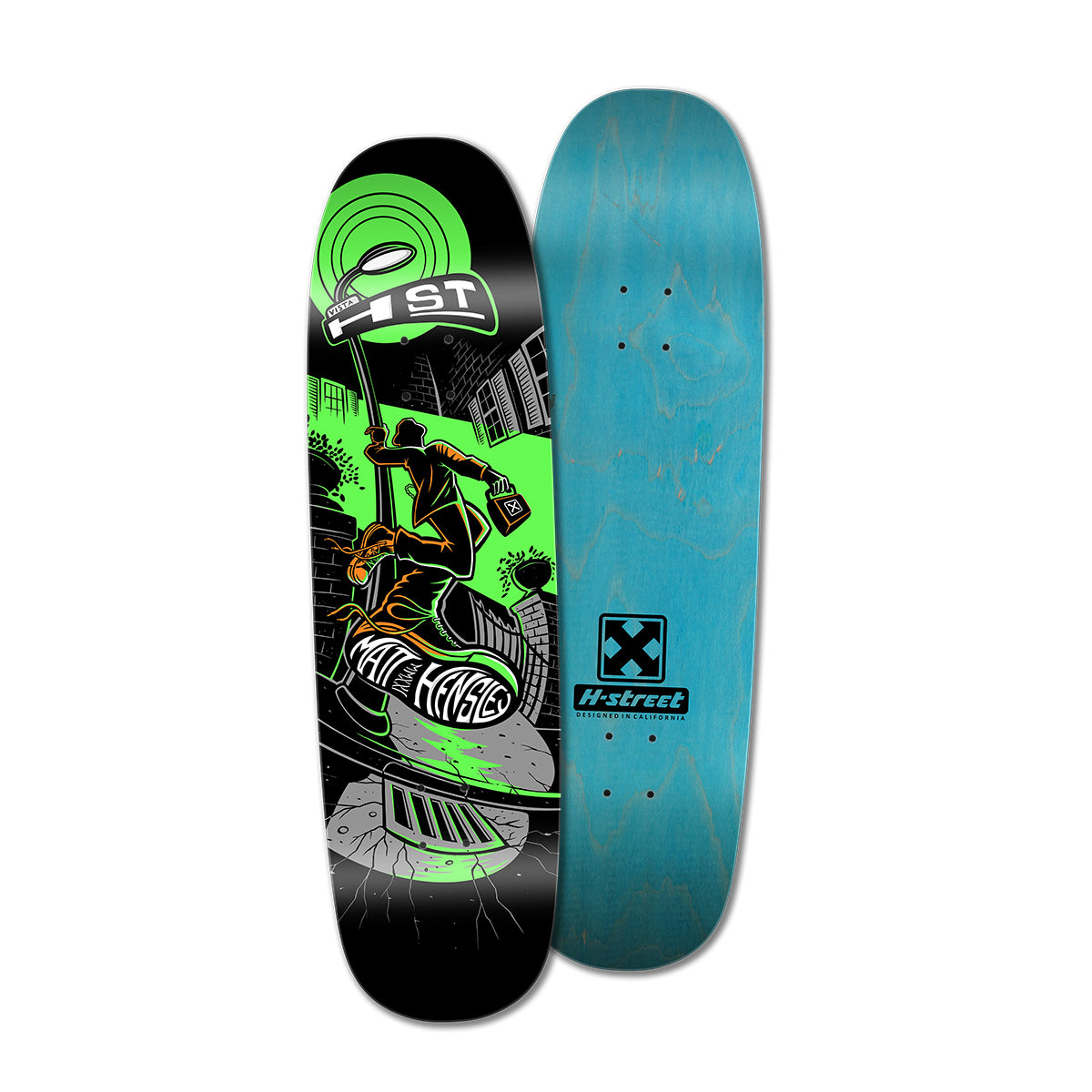 A skateboard deck with a graphic design of a character walking down a street with a streetlamp on the bottom and a blue color on the top.