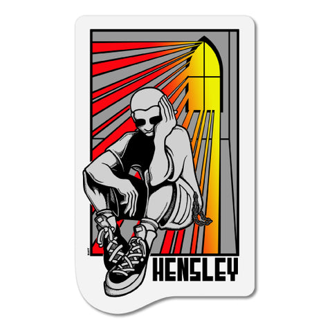 A decal featuring a graphic of a person sitting down surrounded by light streaming in through a colorful stained glass window with the wording 'Hensley'.