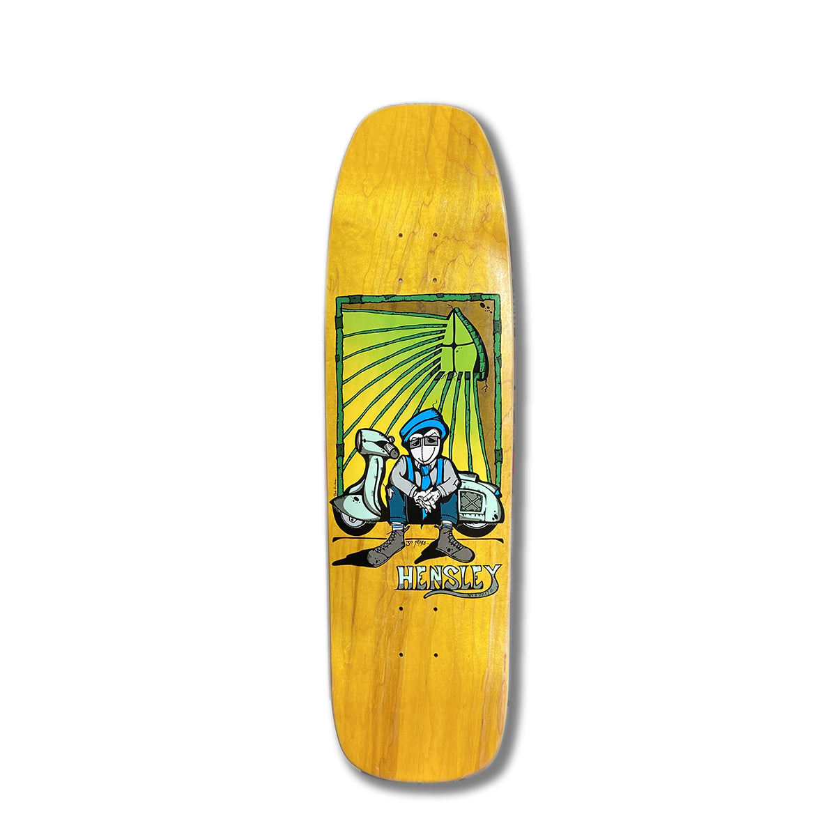A skateboard deck with a graphic design featuring a character sitting by a moped and 'Hensley' text, on a yellow background.