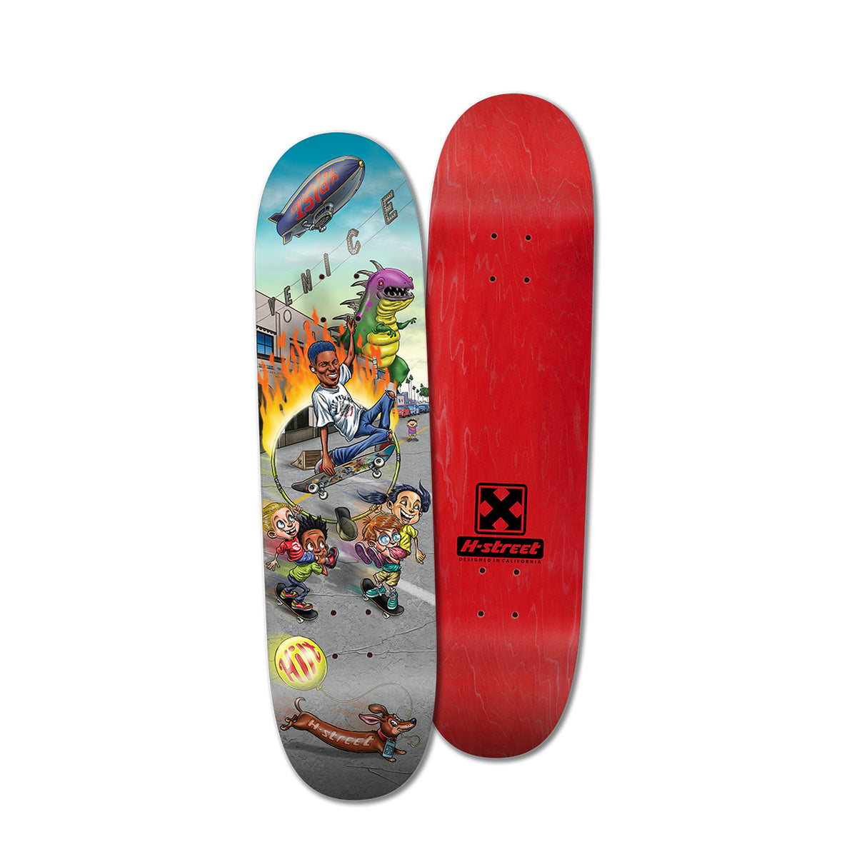 A skateboard deck with a graphic illustration of a monster with flames with people smiling, racing away on skateboards on the bottom. The top side has the H-Street logo on the red background.
